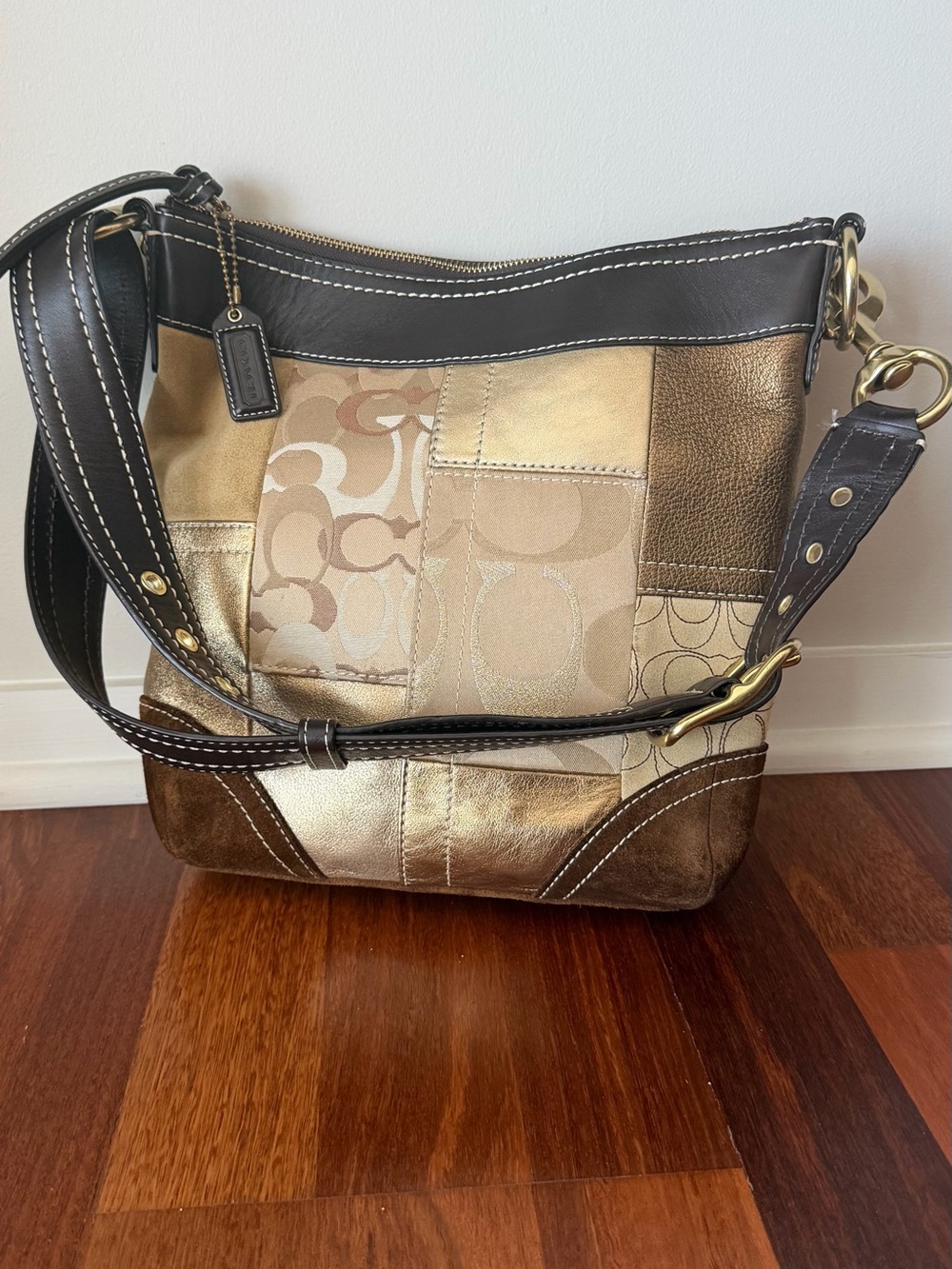 Coach Patchwork Metallic Shoulder Bag - Gold and Brown